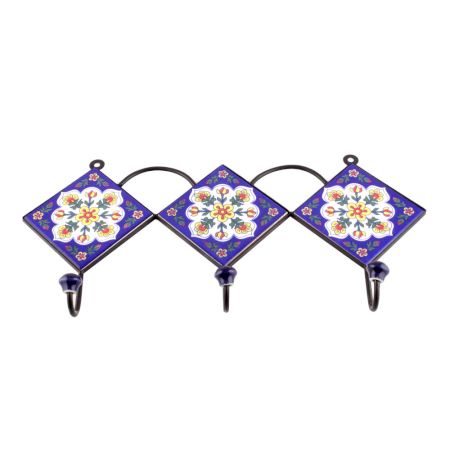 Navy Blue Leaf Floral Ceramic Tiles Hooks